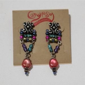 TRESKA Teal Purple And Pink‎ beaded dangle chandelier earrings new